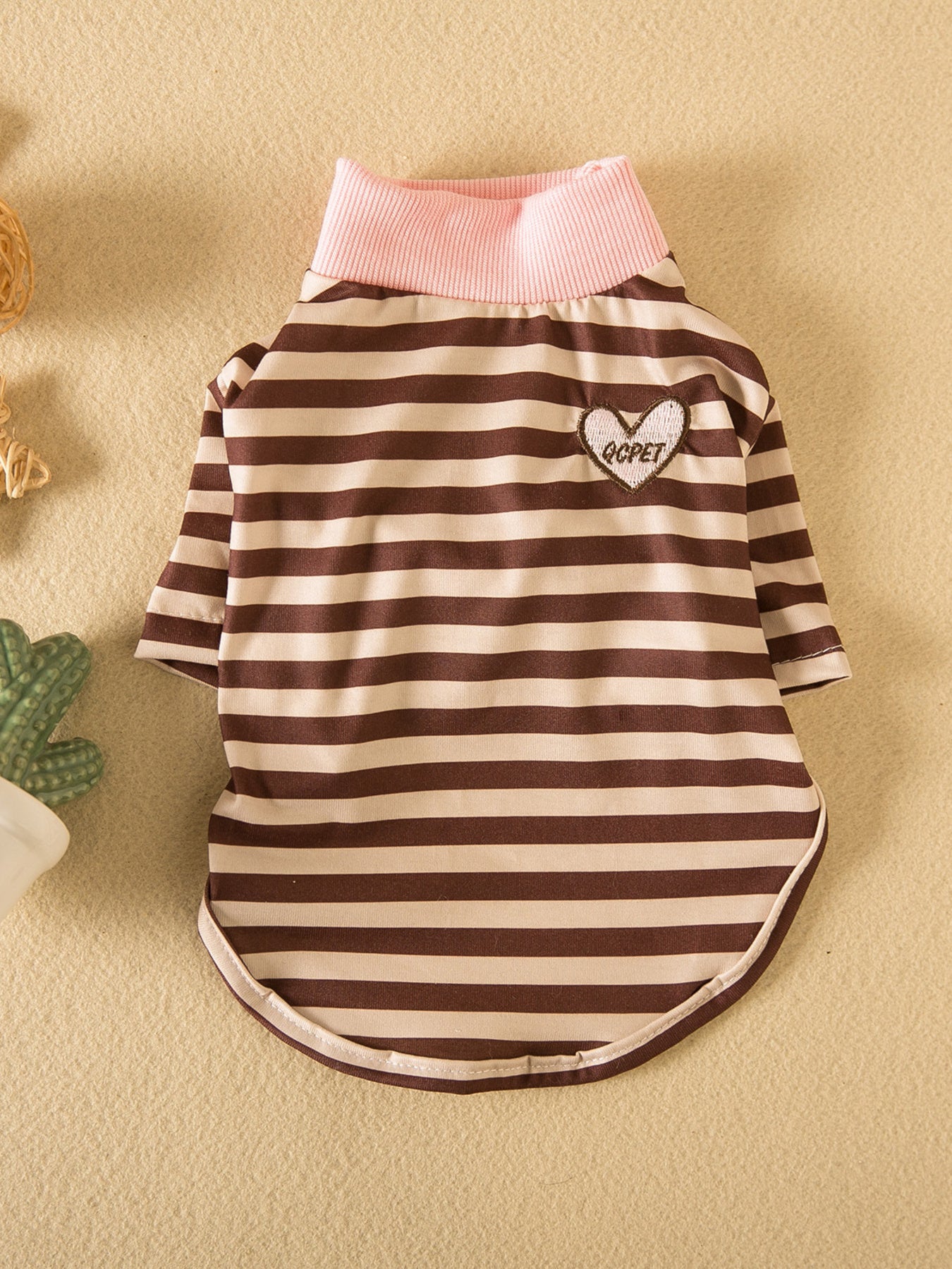 Brown striped heart patch pet top by Trendsi, featuring a cute design with a striped heart patch on lightweight fabric.
