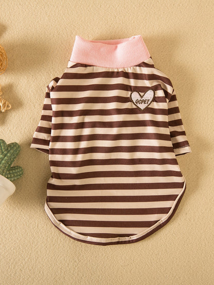 Brown striped heart patch pet top by Trendsi, featuring a cute design with a striped heart patch on lightweight fabric.
