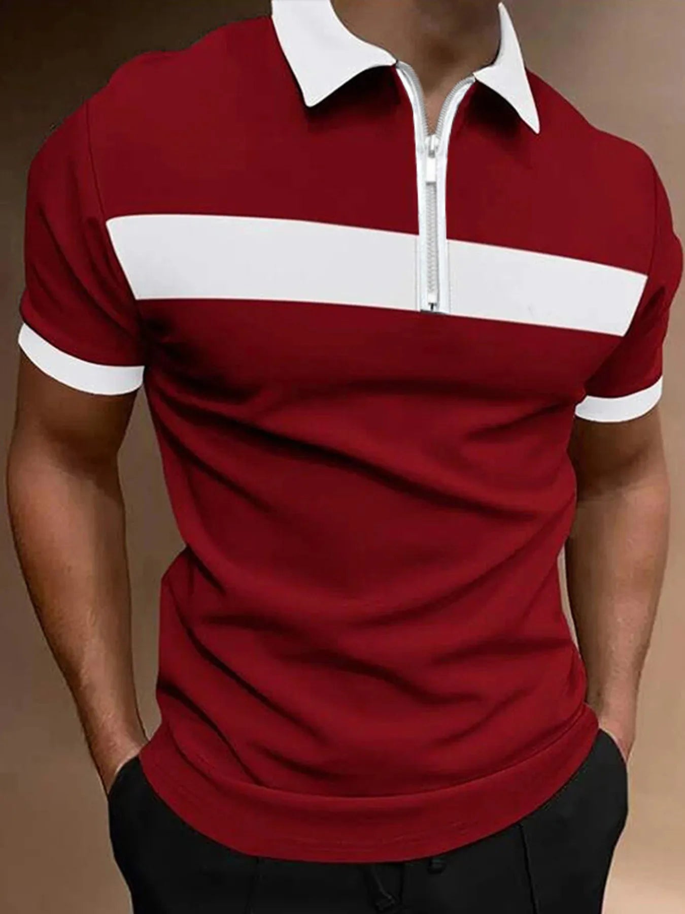 Men's plus size casual color block zipper polo shirt in burgundy, Trendsi brand, featuring a full-size fit and stylish design.