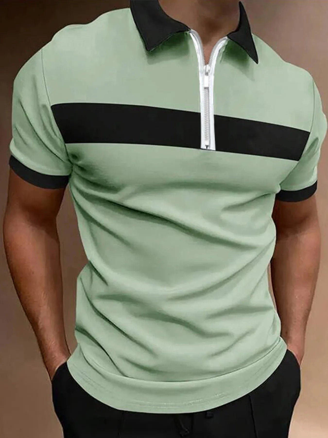 Men's full-size casual color block zipper polo shirt by Trendsi, in burgundy with contrasting color panels.