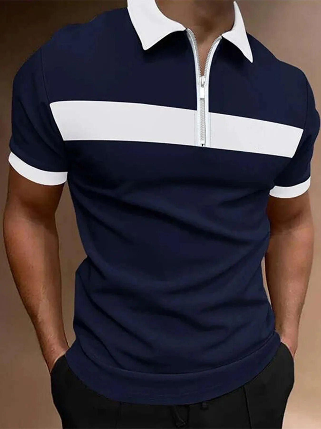 Men's full-size casual color block zipper polo shirt by Trendsi, featuring burgundy and color block design, plus size fit.