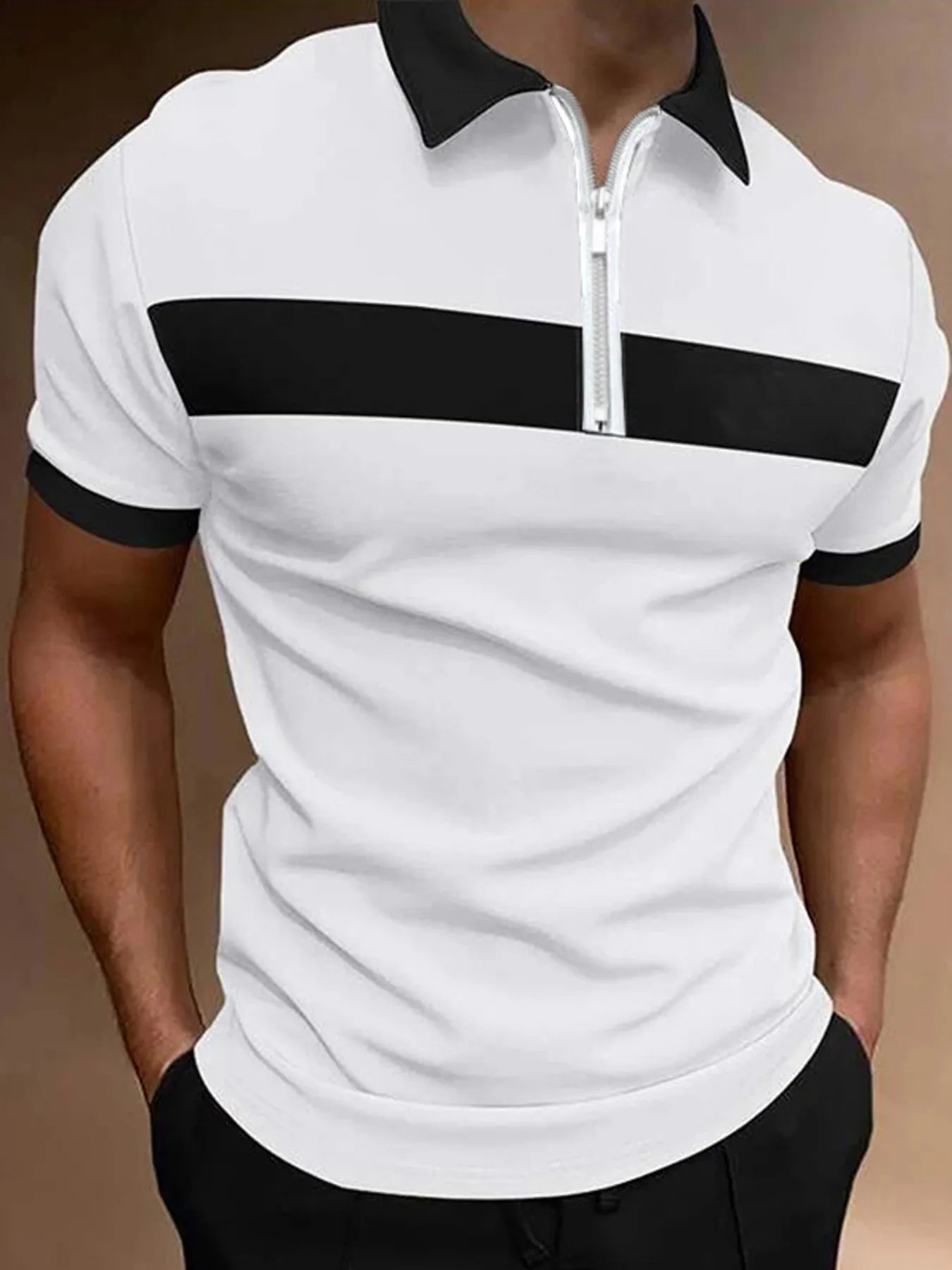 Men's full-size casual color block zipper polo by Trendsi, featuring burgundy and neutral tones, with a front zipper and collar.