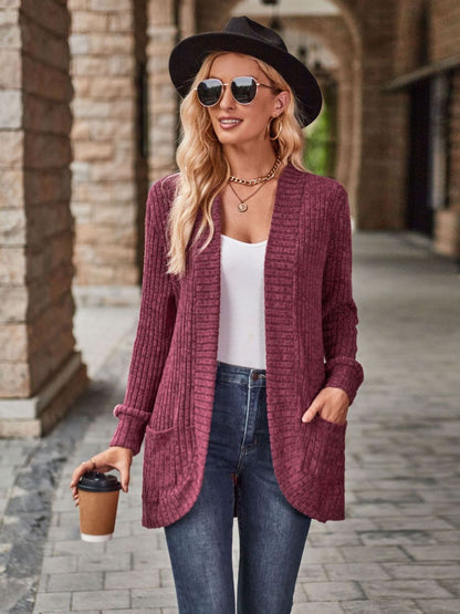 Burgundy open front cardigan with pockets from Trendsi, featuring a relaxed fit and cozy knit fabric.