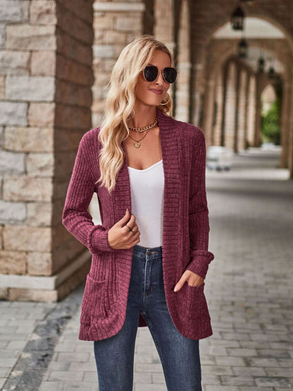 Burgundy open front cardigan with pockets from Trendsi, featuring a relaxed fit and cozy knit fabric.