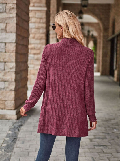 Burgundy open front cardigan with pockets from Trendsi, featuring a cozy, relaxed fit and front pocket details.