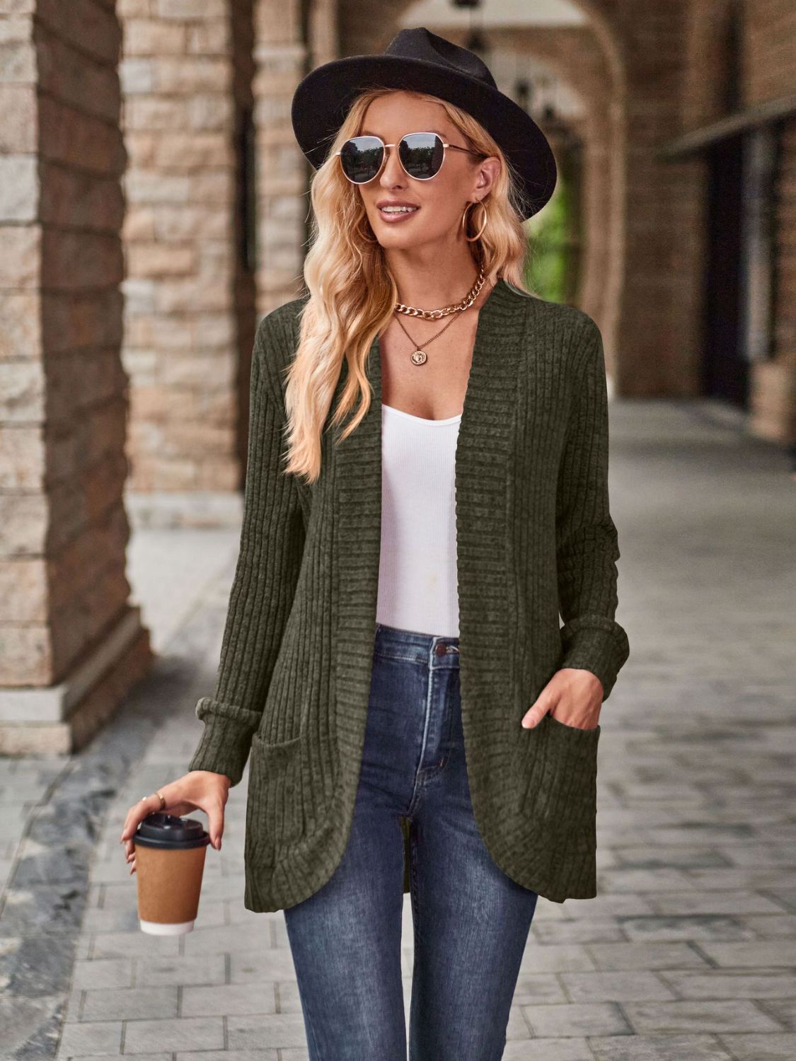 Burgundy open front cardigan with pockets from Trendsi, featuring a relaxed fit and cozy knit fabric.