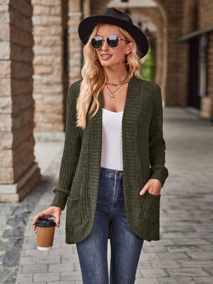 Burgundy open front cardigan with pockets from Trendsi, featuring a relaxed fit and cozy knit fabric.