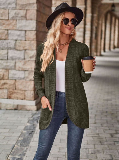Burgundy open front cardigan with pockets from Trendsi, featuring a soft knit fabric and a relaxed fit.