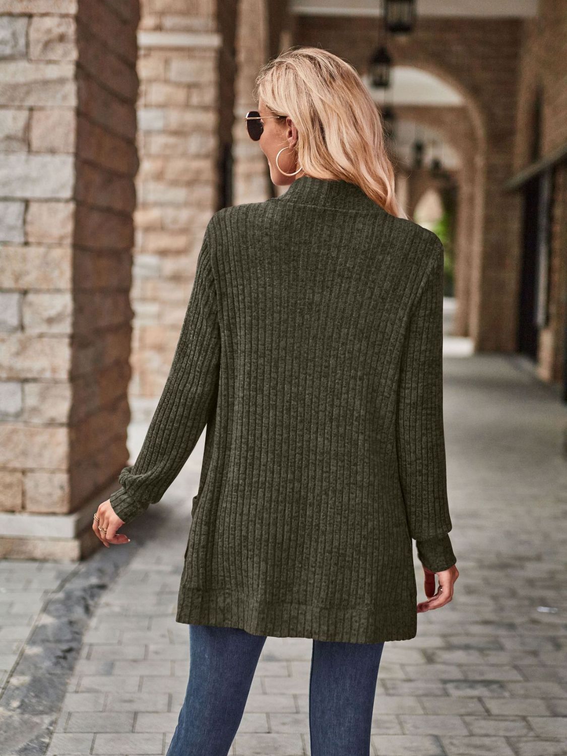 Burgundy open front cardigan by Trendsi with pockets, featuring a relaxed fit and soft knit fabric.