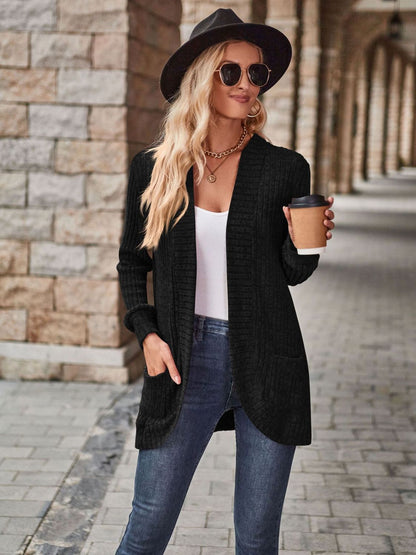Burgundy open front cardigan with pockets by Trendsi, soft knit fabric, casual style, displayed on a neutral background.