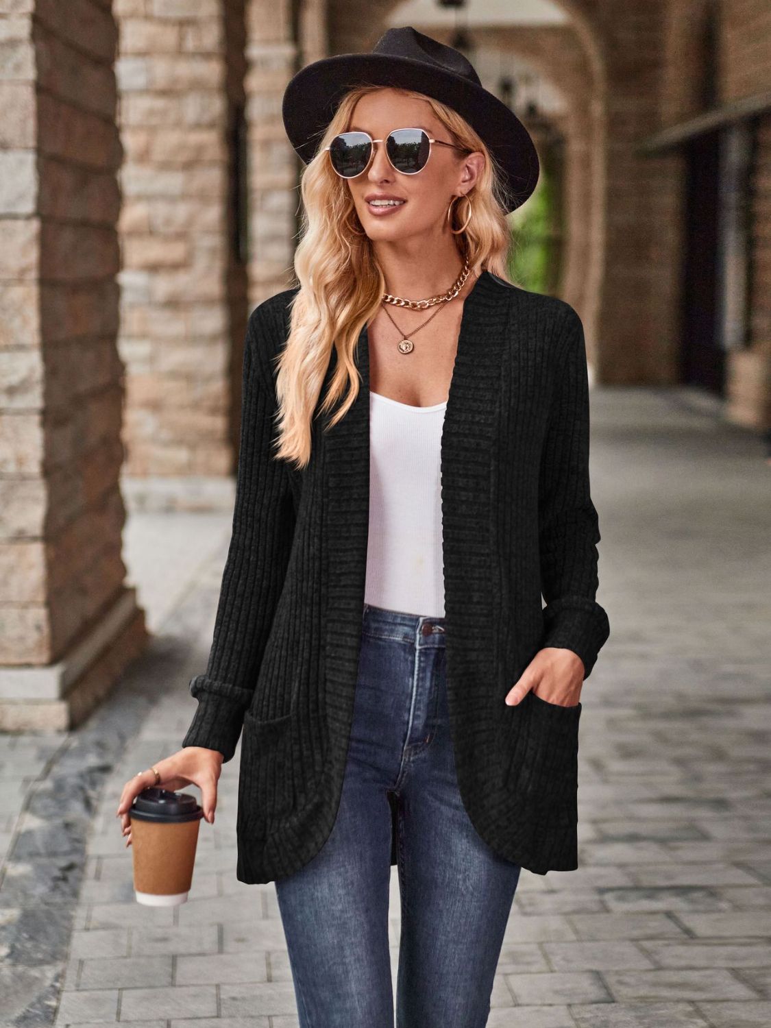 Burgundy open front cardigan with pockets from Trendsi, featuring a relaxed fit and soft knit fabric.