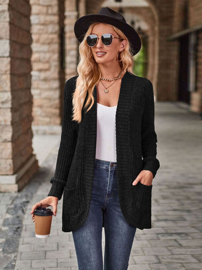 Burgundy open front cardigan with pockets from Trendsi, featuring a relaxed fit and soft knit fabric.