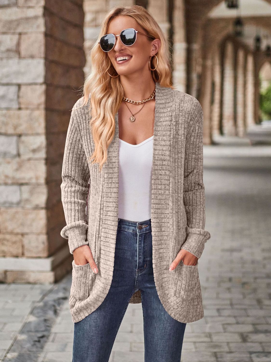 Burgundy open front cardigan with pockets by Trendsi, featuring a cozy, relaxed fit and stylish design.