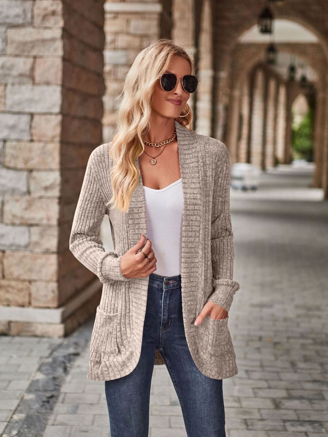 Burgundy open front cardigan with pockets, casual women's knitwear by Trendsi, featuring a relaxed fit and cozy style.