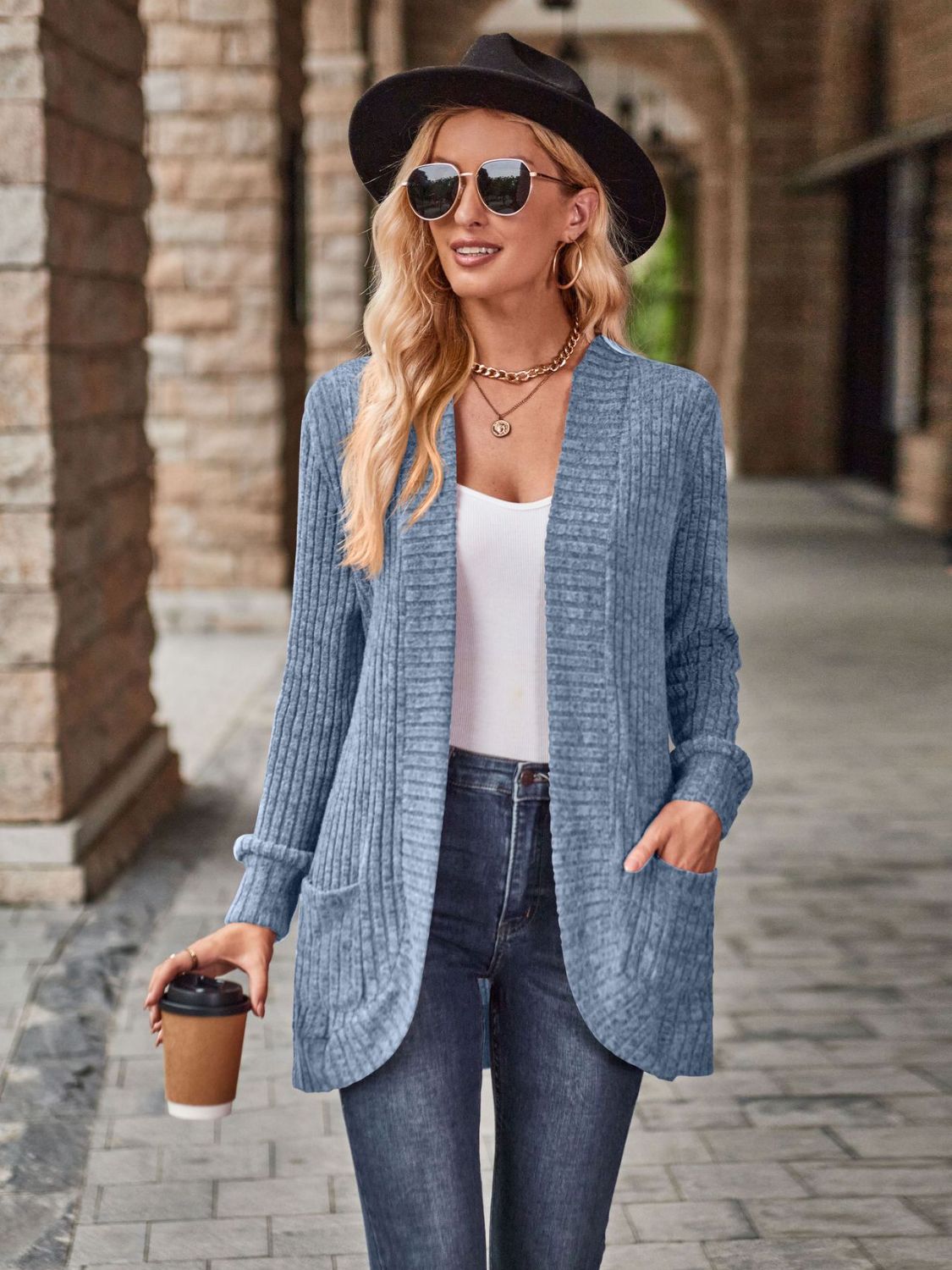 Burgundy open front cardigan with pockets from Trendsi, featuring a cozy, relaxed fit and casual style.