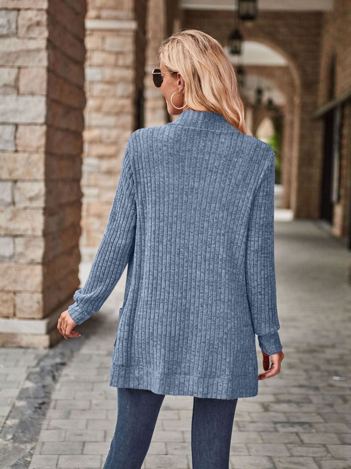 Burgundy open front cardigan with pockets from Trendsi, lightweight knit sweater featuring a relaxed fit and cozy design.