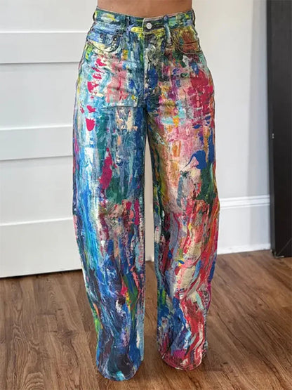 Cerulean blue painted wide-leg pants from Trendsi, featuring a flowing, relaxed fit and bold, artistic design.