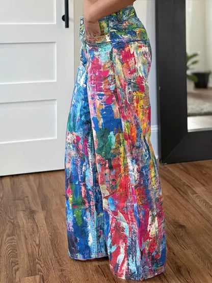 Cerulean painted wide-leg pants by Trendsi featuring a relaxed fit and vibrant, artistic design on lightweight fabric.
