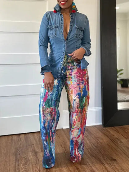 Cerulean painted wide-leg pants from Trendsi featuring relaxed fit, high waist, and vibrant abstract design.