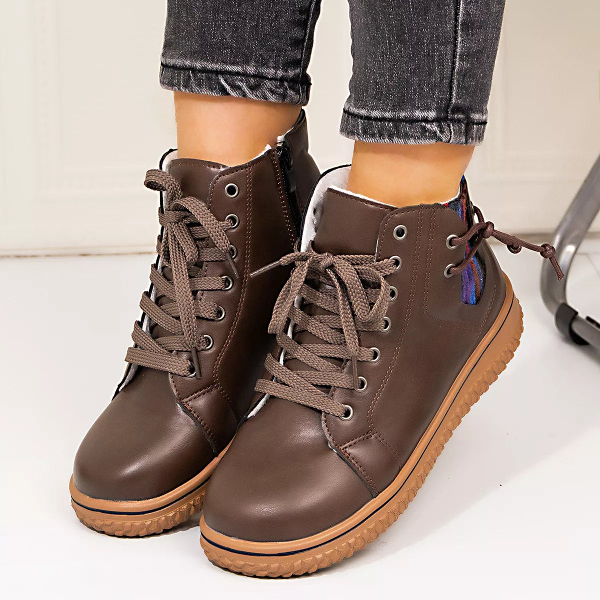 Coffee brown lace-up ankle boots with zipper detail and chunky heel, casual stylish footwear by Trendsi.