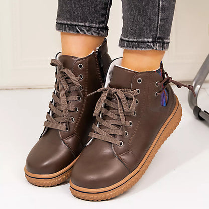 Coffee brown lace-up ankle boots with zipper detail and chunky heel, casual stylish footwear by Trendsi.