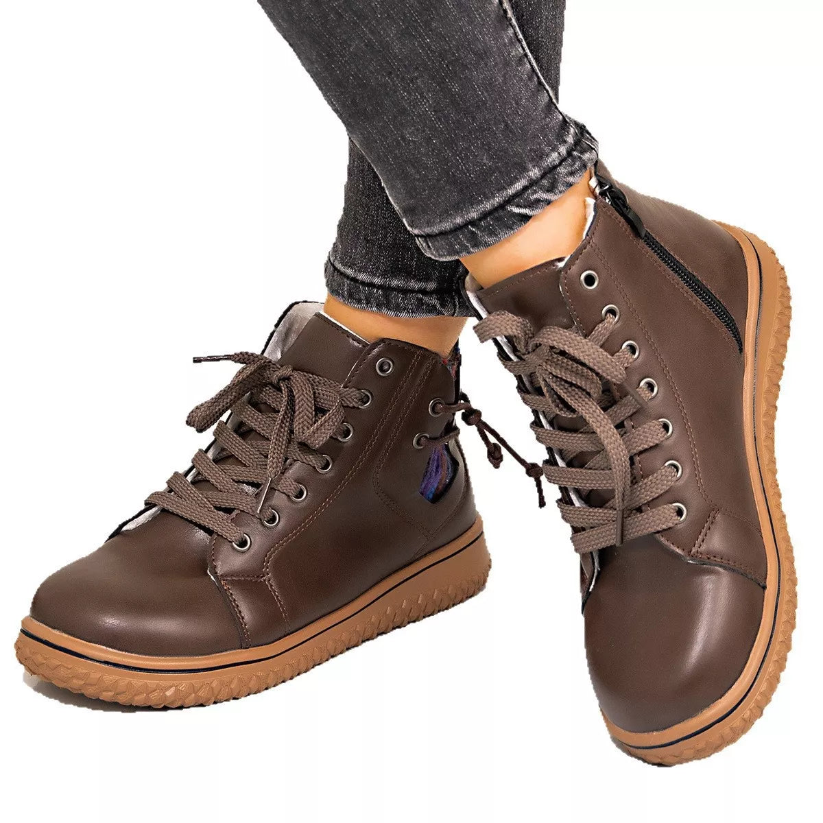 Coffee brown lace-up ankle boots with zipper detail from Trendsi, featuring a stylish and durable leather design.