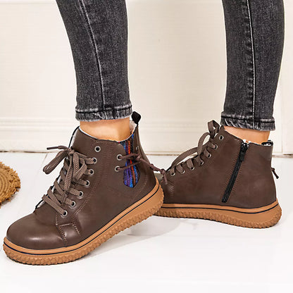 Coffee brown lace-up ankle boots with zipper detail from Trendsi, featuring a stylish design and sturdy sole.