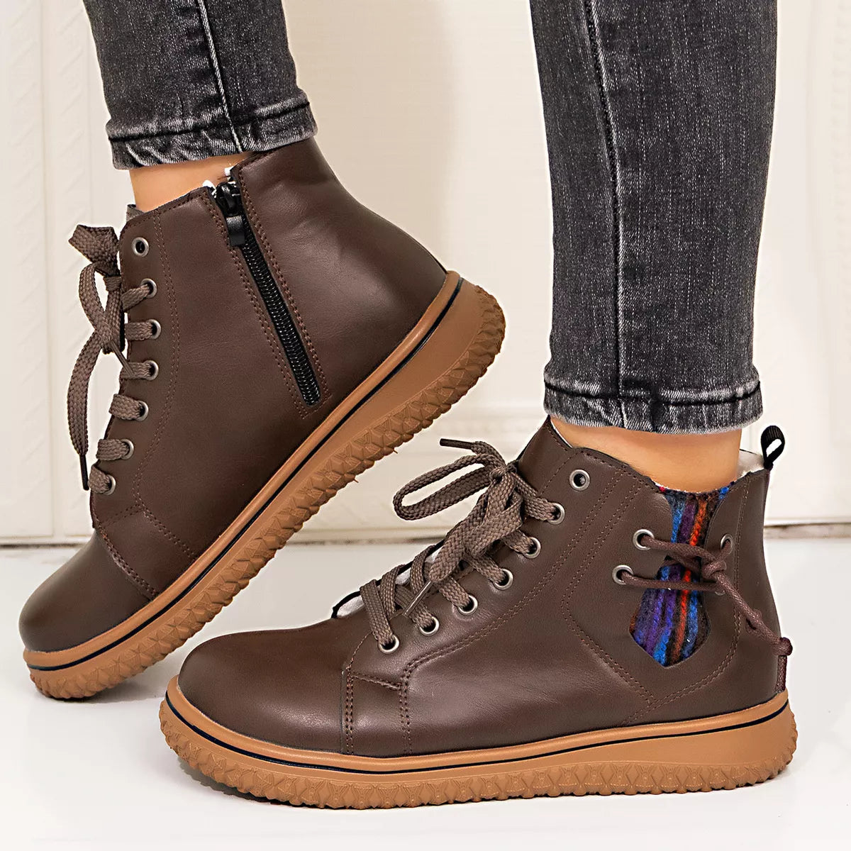 Coffee brown lace-up ankle boots with zipper detail from Trendsi, showing the stylish design and ankle-high silhouette.
