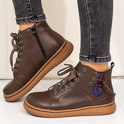 Coffee brown lace-up ankle boots with zipper detail from Trendsi, showing the stylish design and ankle-high silhouette.