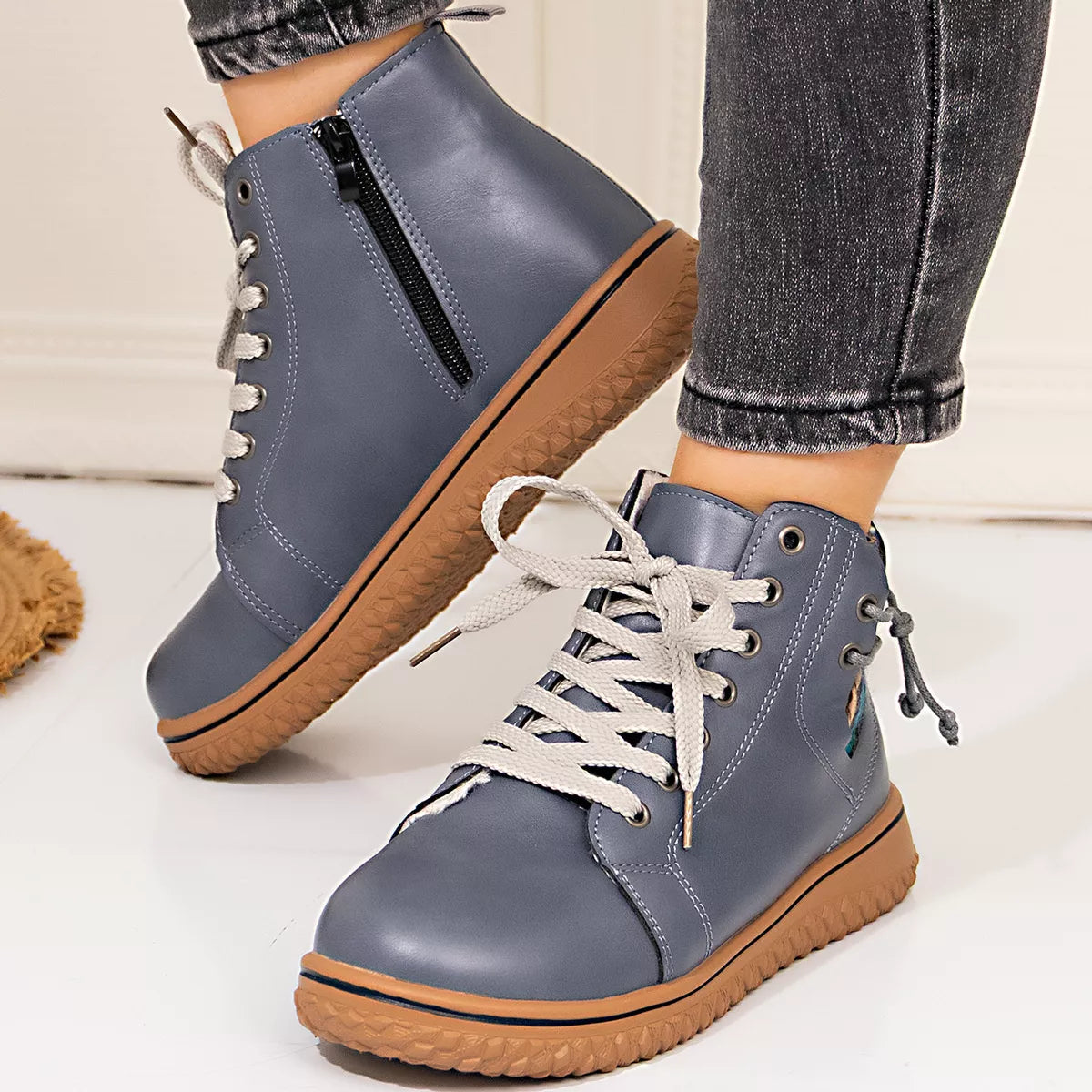 Coffee brown lace-up ankle boots with zipper detail, stylish and versatile footwear from Trendsi.