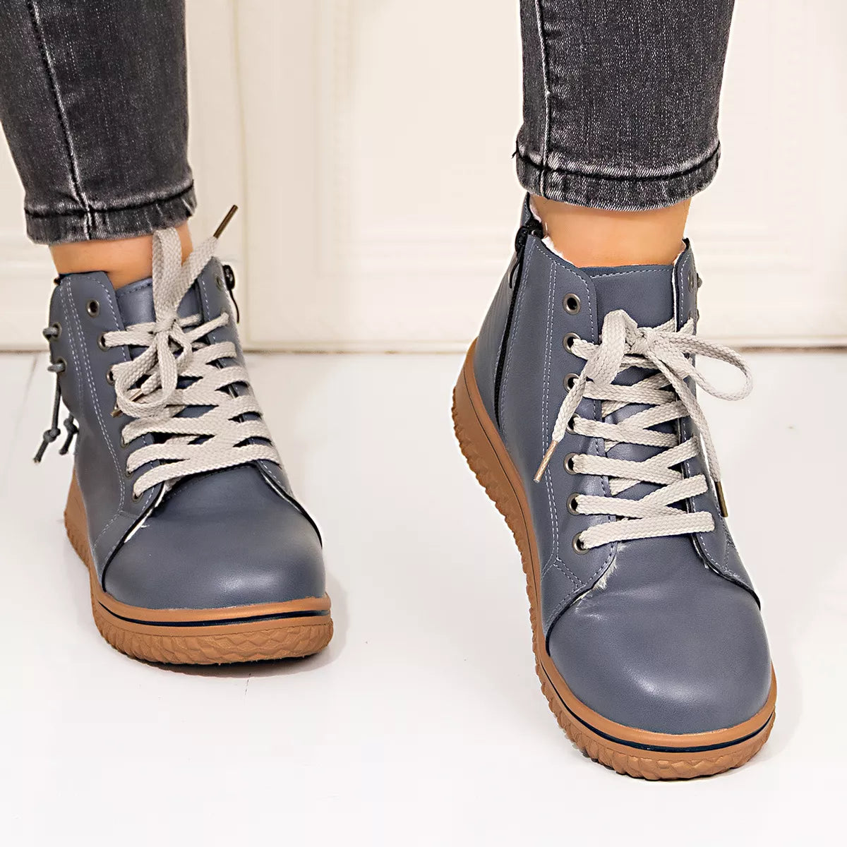 Coffee brown lace-up ankle boots with zipper detail from Trendsi, showcasing stylish footwear with a sleek design and functional zipper.