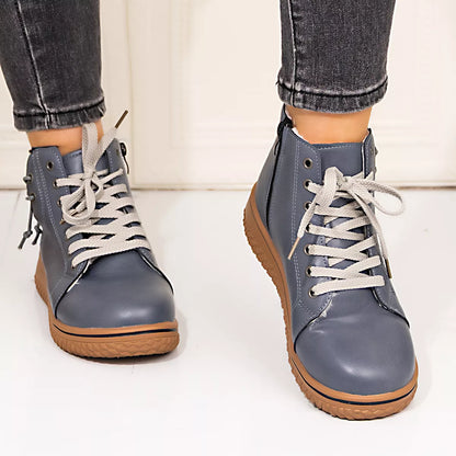 Coffee brown lace-up ankle boots with zipper detail from Trendsi, showcasing stylish footwear with a sleek design and functional zipper.