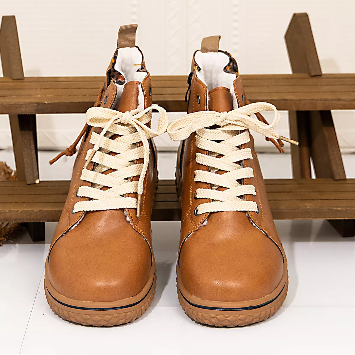 Coffee brown lace-up ankle boots with zipper detail, trendy Trendsi footwear perfect for stylish everyday wear.