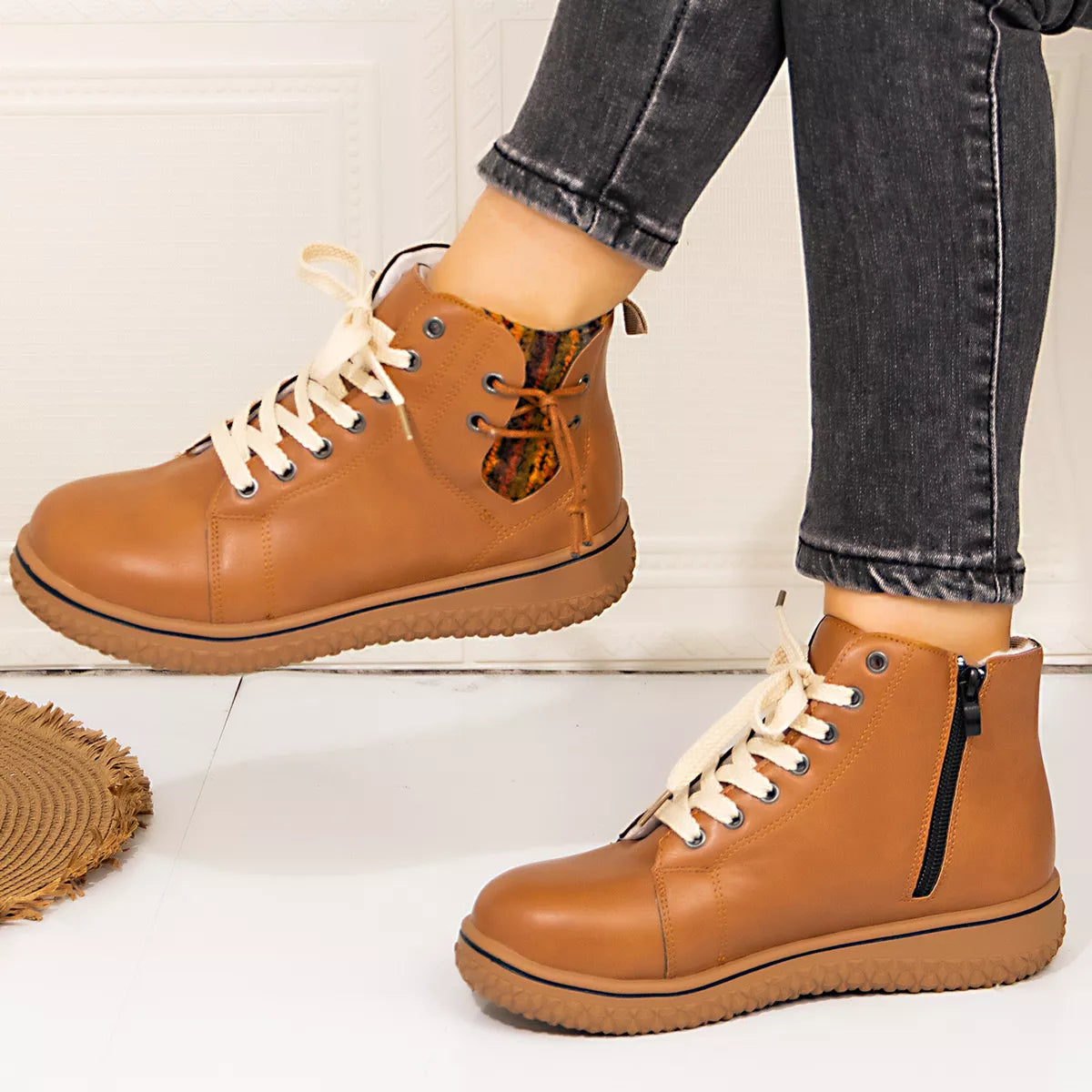 Coffee brown lace-up ankle boots with zipper detail by Trendsi, showcasing stylish design and durable footwear.