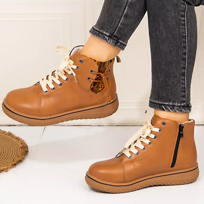 Coffee brown lace-up ankle boots with zipper detail by Trendsi, showcasing stylish design and durable footwear.