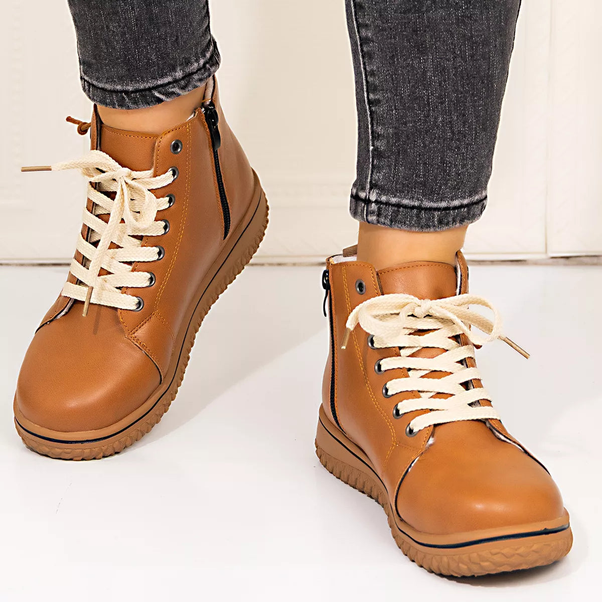 Coffee brown lace-up ankle boots with zipper detail, Trendsi brand, showcasing stylish footwear with functional zipper accents.