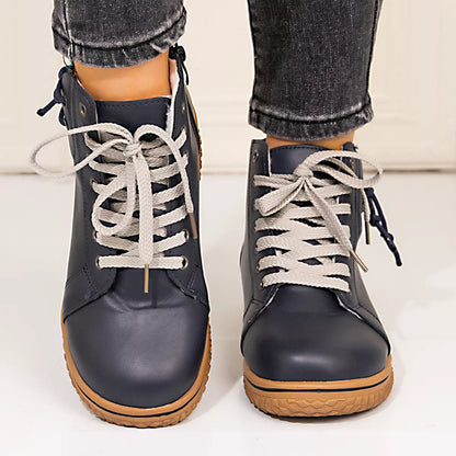Coffee brown lace-up ankle boots with zipper detail, stylish Trendsi footwear featuring a sleek design and ankle height.