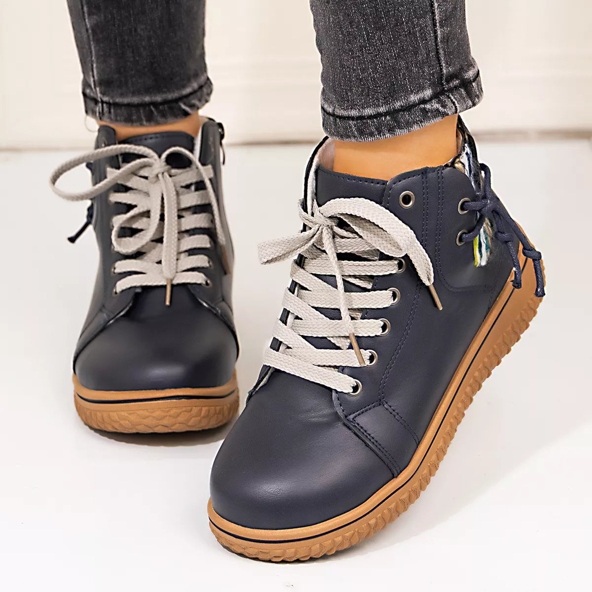 Coffee brown lace-up ankle boots with zipper detail, trendy Trendsi footwear, stylish and versatile for casual and chic outfits.