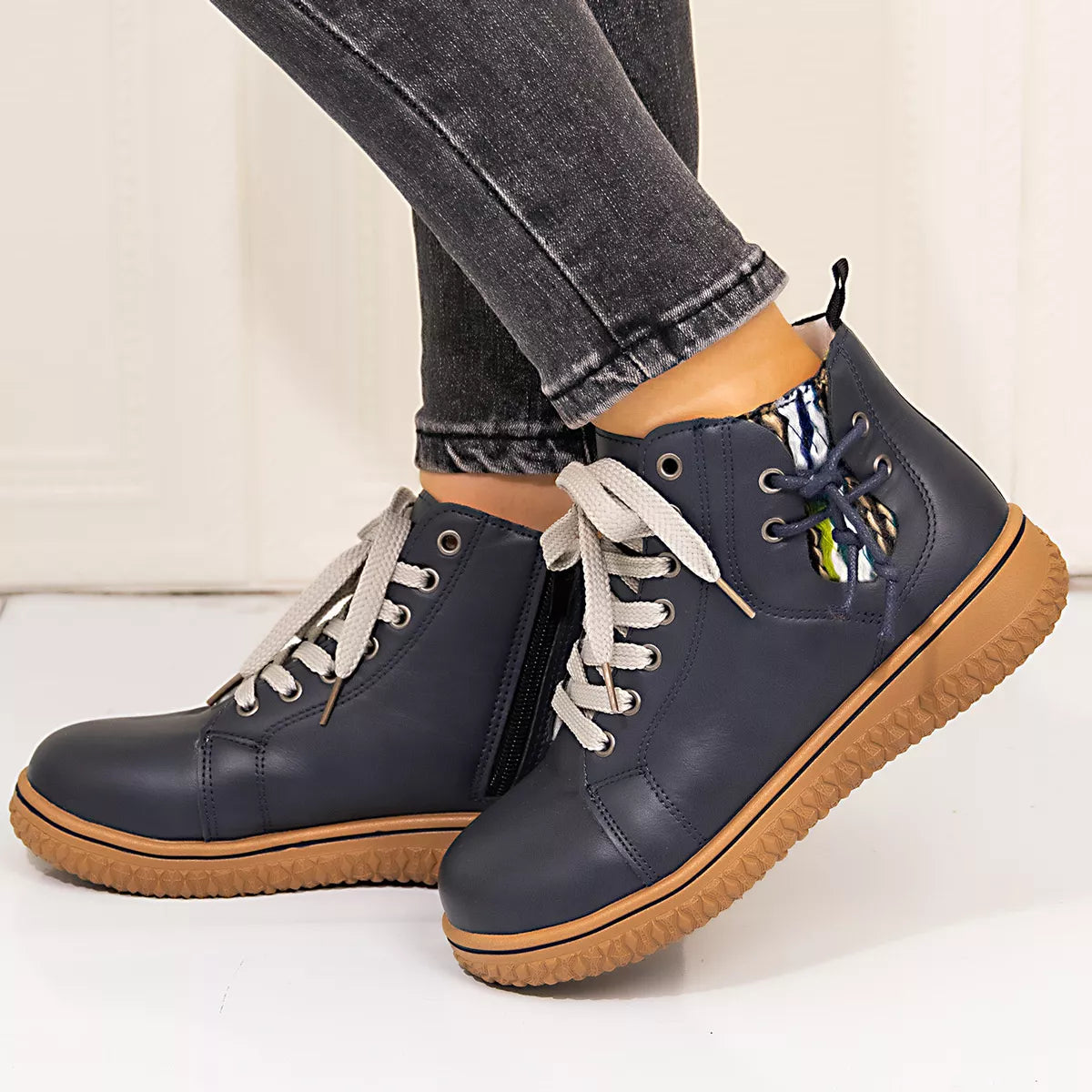 Coffee brown lace-up ankle boots with zipper detail from Trendsi, showing the stylish design and ankle height.