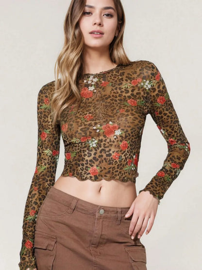 Coffee brown leopard floral long sleeve mesh T-shirt from Trendsi featuring a round neck and stylish design.