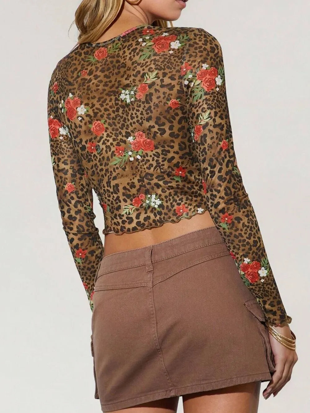 Coffee brown leopard floral long sleeve mesh T-shirt from Trendsi featuring a round neckline and stylish design