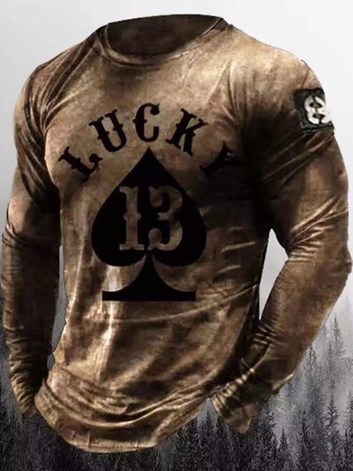 Coffee brown men's full-size graphic long sleeve T-shirt by Trendsi, featuring a stylish design and comfortable fit.