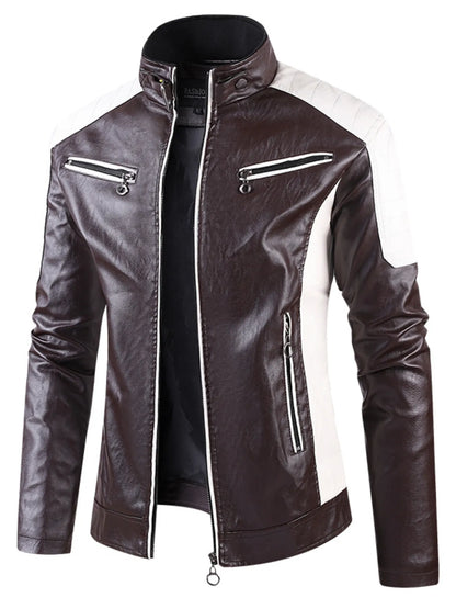 Plus size men's color block leather jacket by Trendsi, featuring a stylish design with coffee brown and black panels.