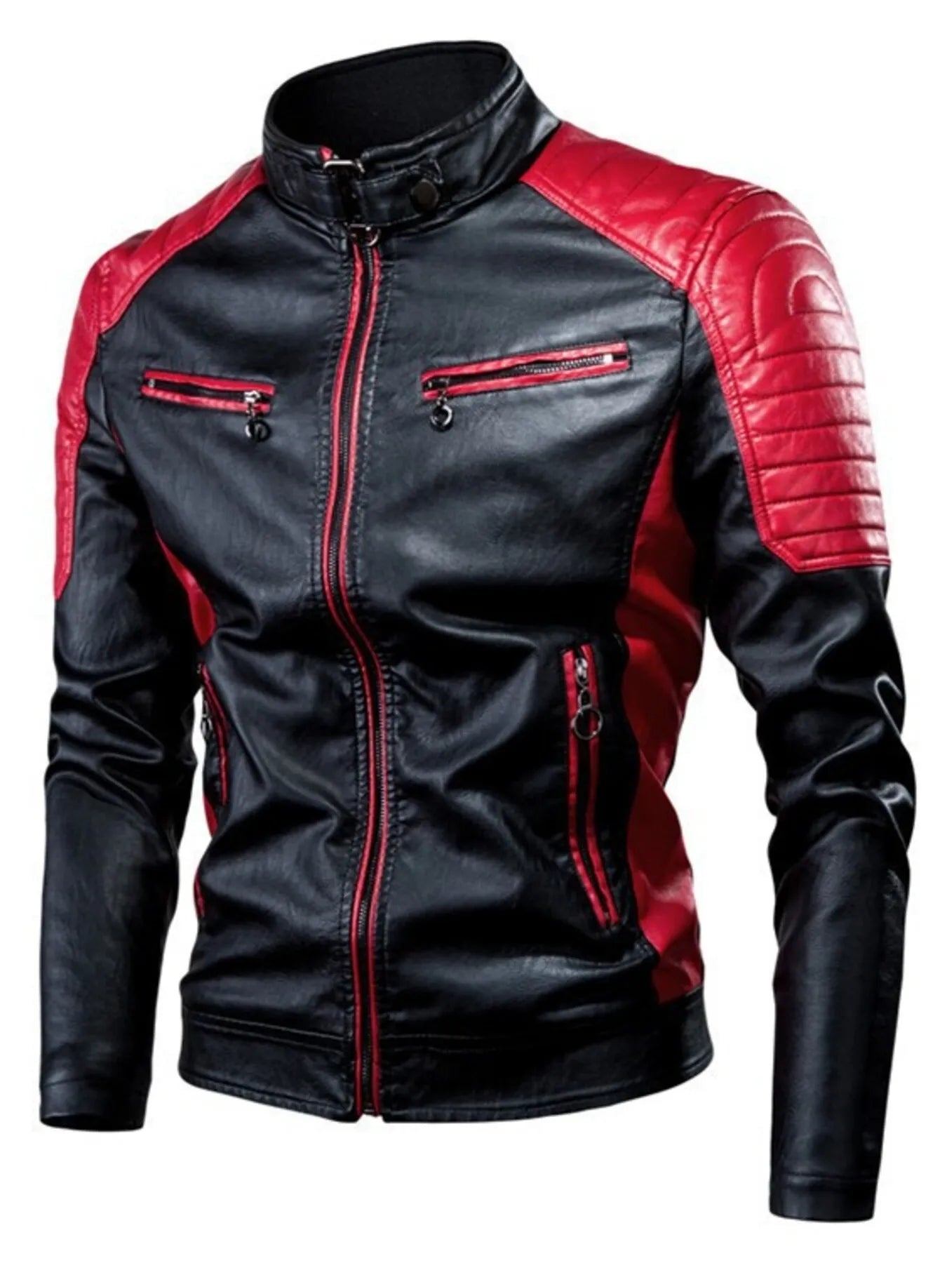 Men's plus size color block leather jacket from Trendsi, featuring a stylish design with bold color blocks and premium leather.