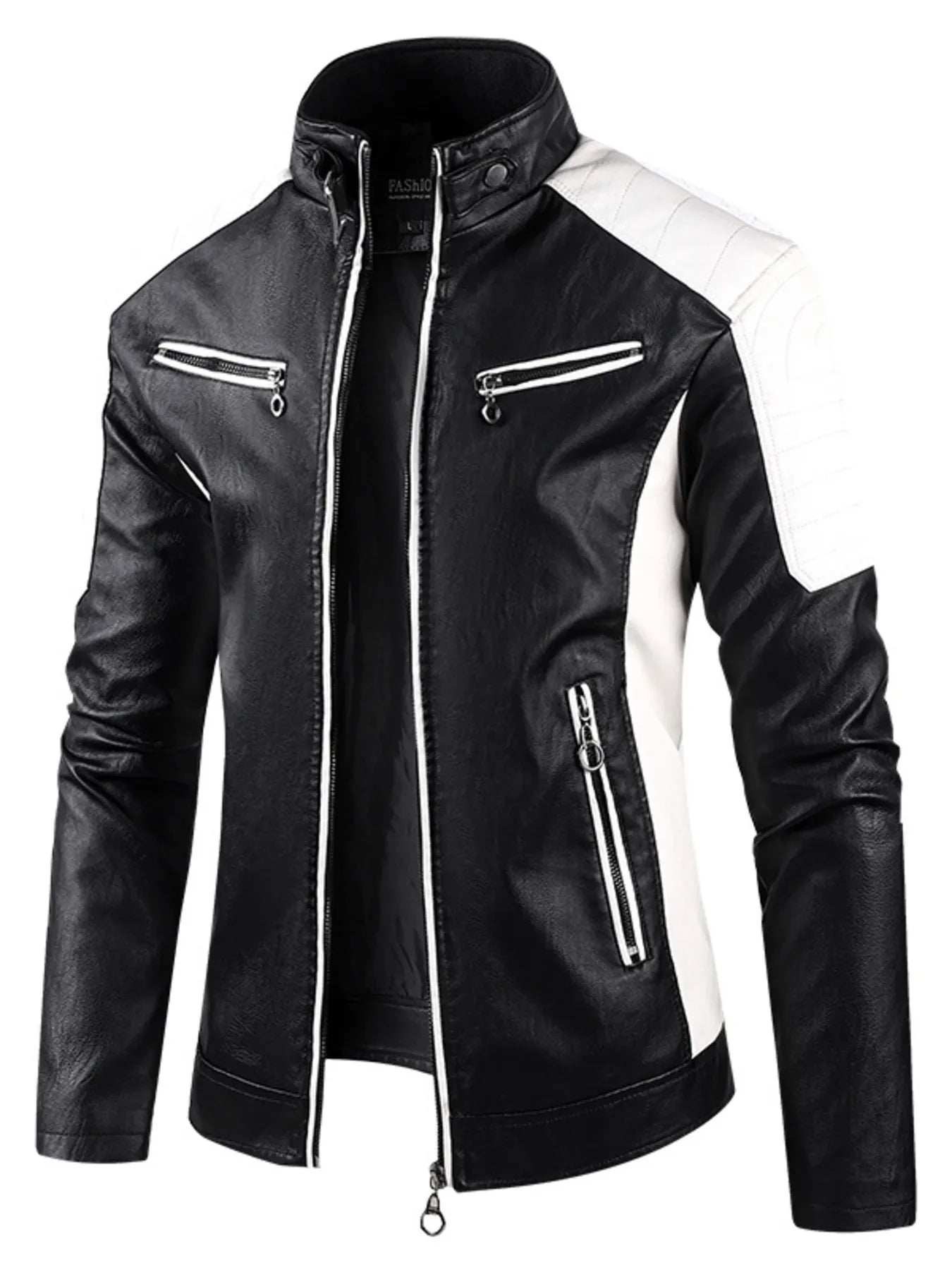 Men's plus size color block leather jacket by Trendsi, featuring a stylish design with bold color blocks and genuine leather material.