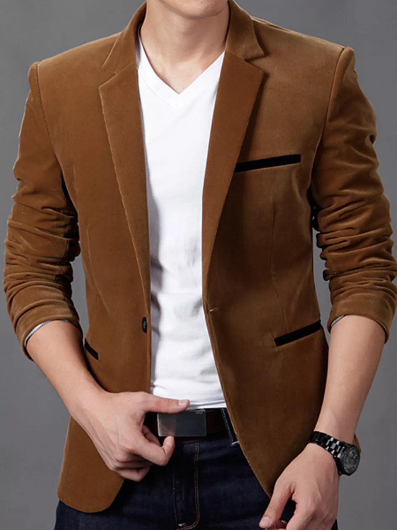 Men's plus size slim fit velvet blazer by Trendsi, featuring a rich coffee color and tailored fit, suitable for formal or casual wear.