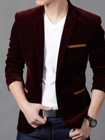 Men's plus size slim fit velvet blazer in rich coffee color, stylish and tailored by Trendsi, suitable for formal or smart casual wear.