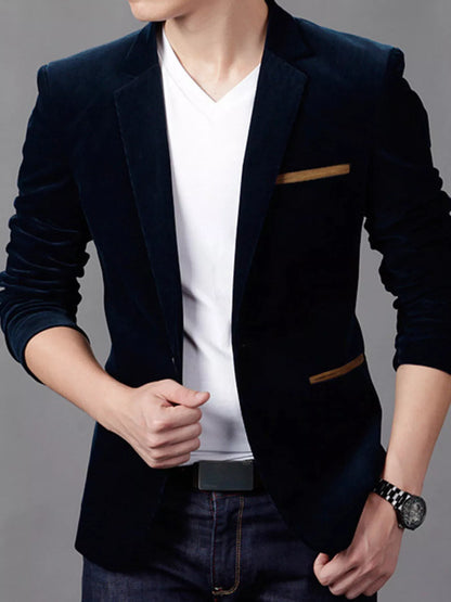Men's plus size slim fit velvet blazer in rich coffee color, stylish and tailored by Trendsi, perfect for formal or smart casual wear.