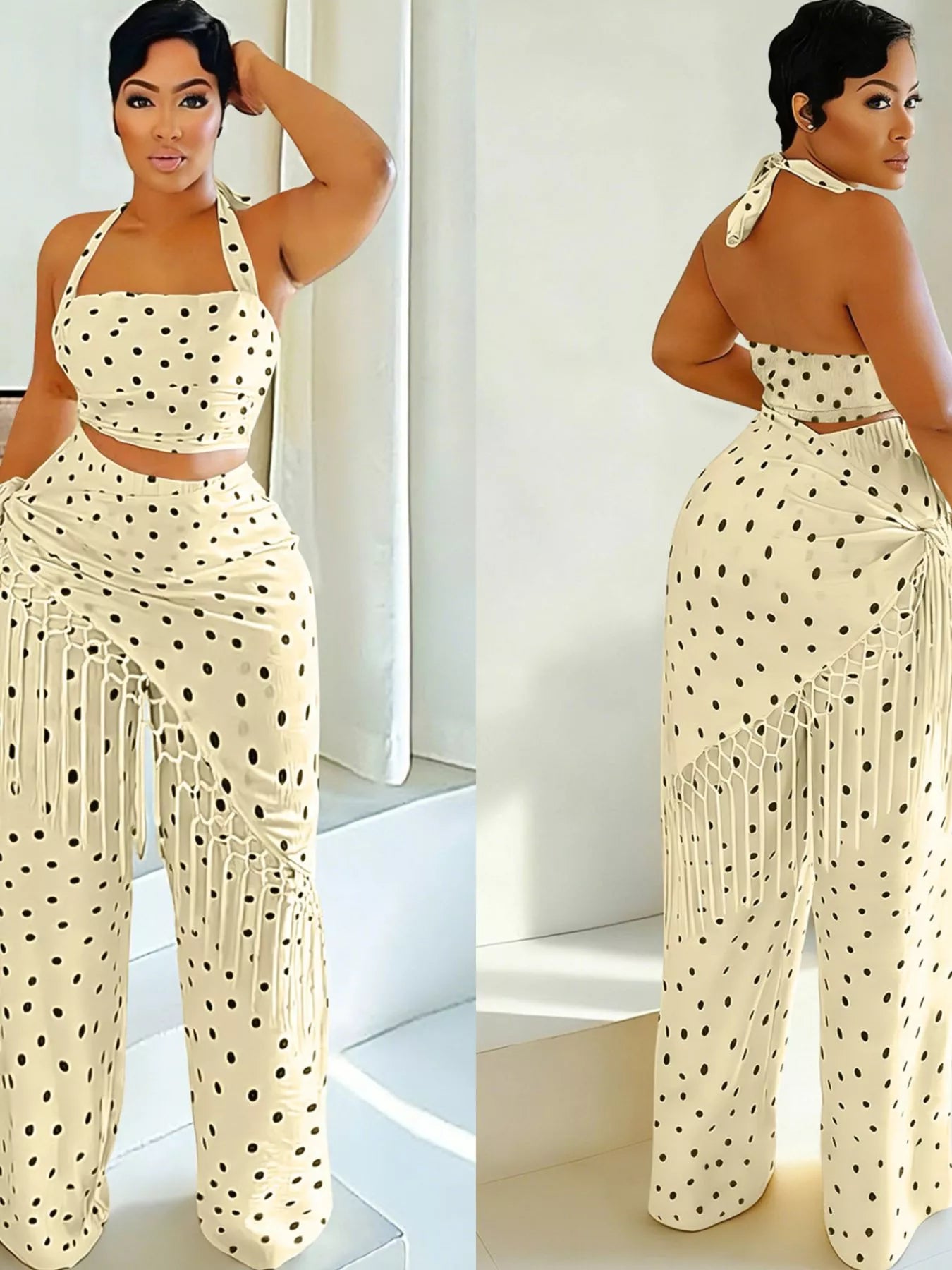 Cream polka dot halter neck cami and fringe trim pants set by Trendsi, styled with a flattering fit and playful pattern.