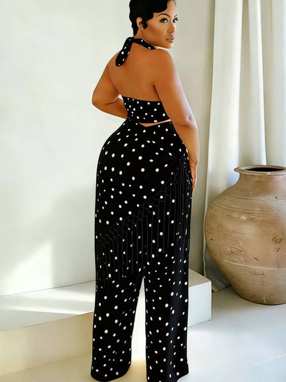 Cream polka dot halter neck cami and fringe trim pants set by Trendsi, featuring stylish polka dot pattern and trendy fringe details.